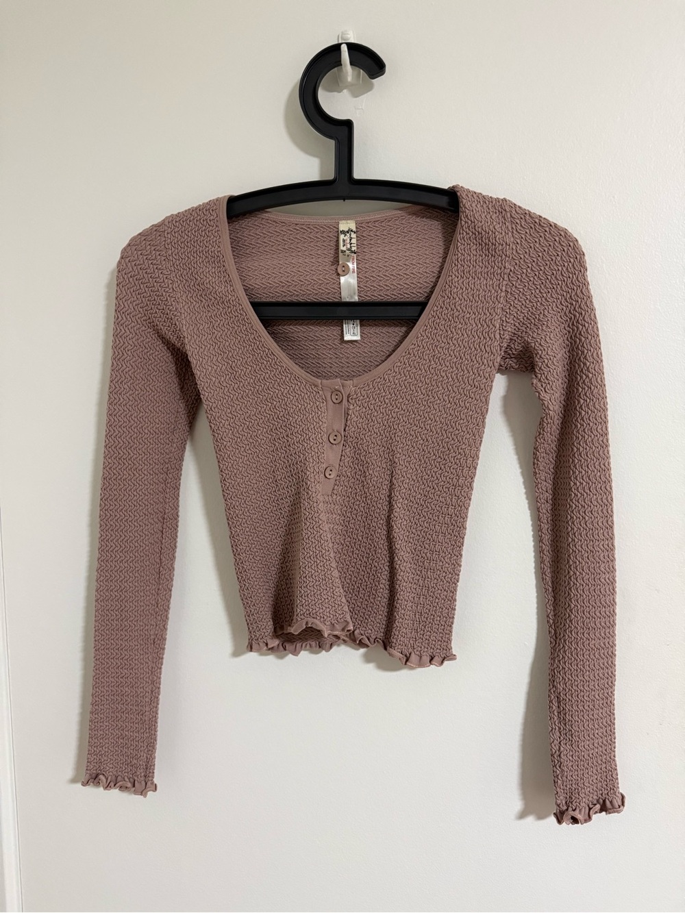 Free People Long Sleeve Henley Ribbed Crop Top - Mauve Pink